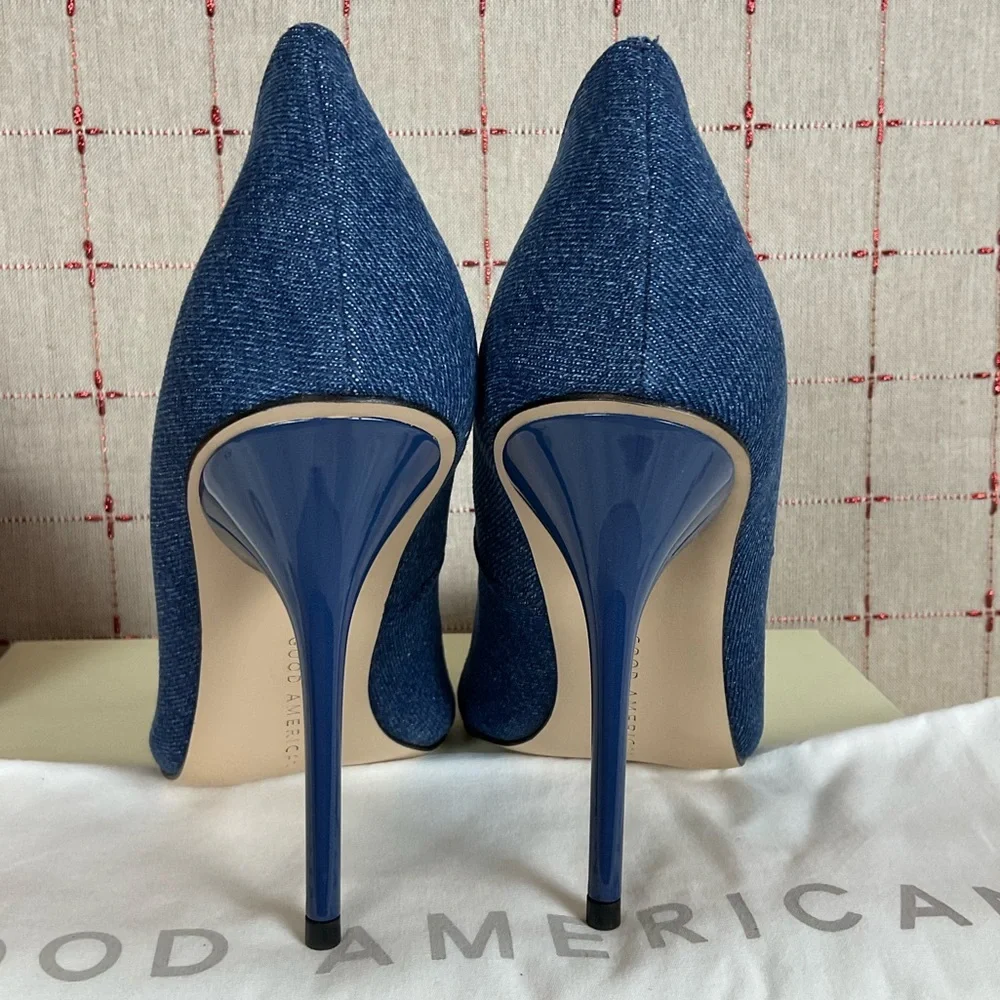 GOOD AMERICAN “Emma” Denim Heel Ultra High Blue Denim Stilettos Sz 9.5 New - Picture 4 of 7